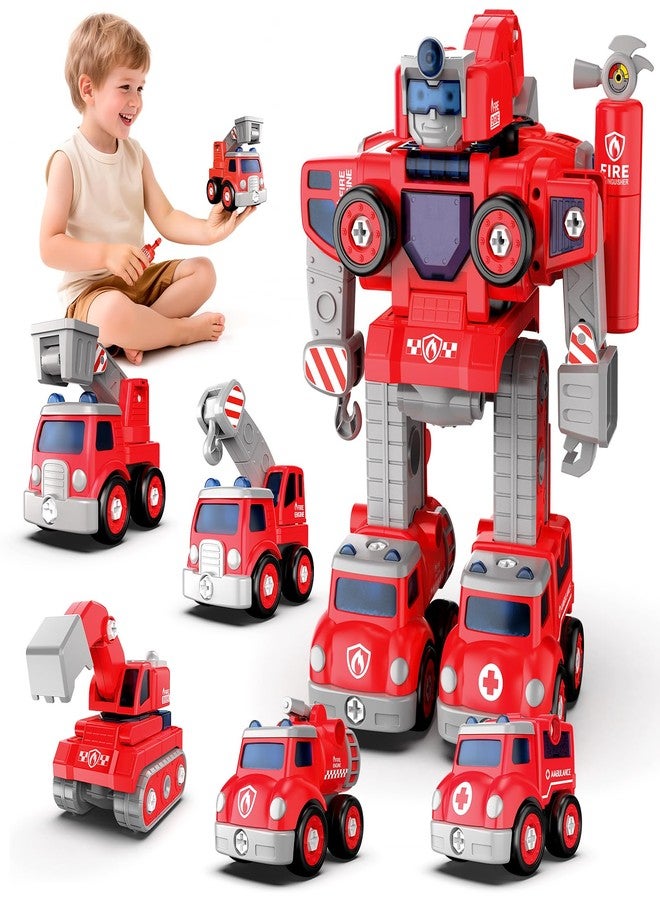 Baobrava Transformers Toys for 4 5 6 7 8 Year Old Boys, 5-in-1 Fire Truck Car Toys to Take Apart Transform to Robot, STEM Building Toys, Montessori Creative Drill Screw Set Birthday Gifts for Kids - Image 1